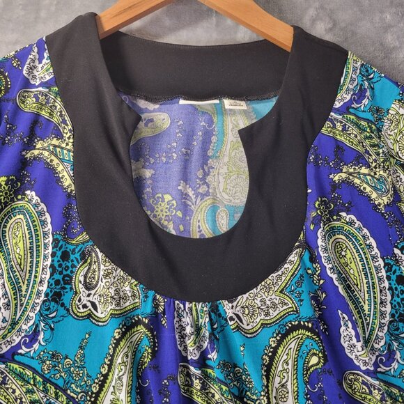 Cato Womens M Paisley Print Tunic Top Bell Sleeve Boho Retro Blue Green Black - Picture 4 of 8